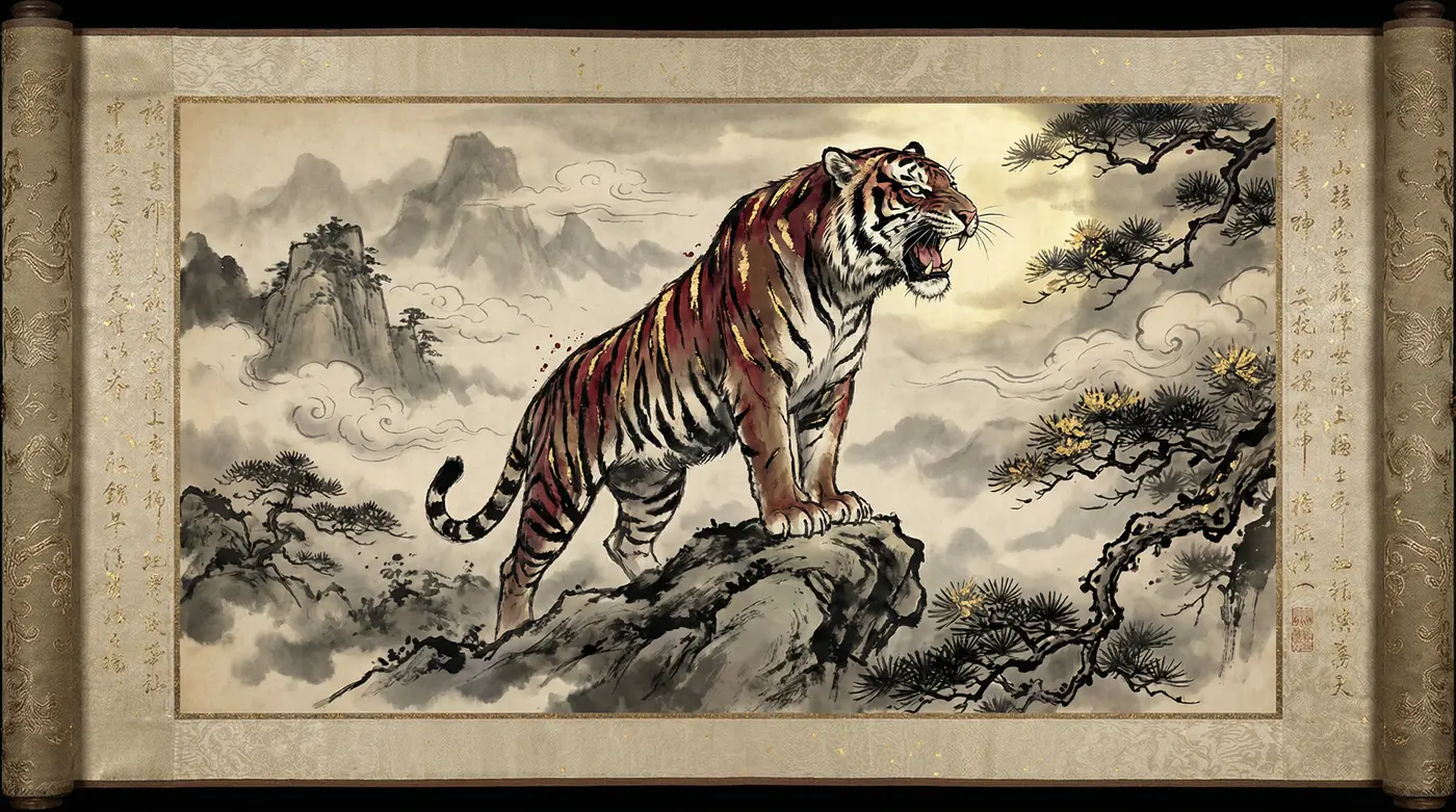 水墨虎画卷轴 - 四虎tv | 虎啸山林艺术